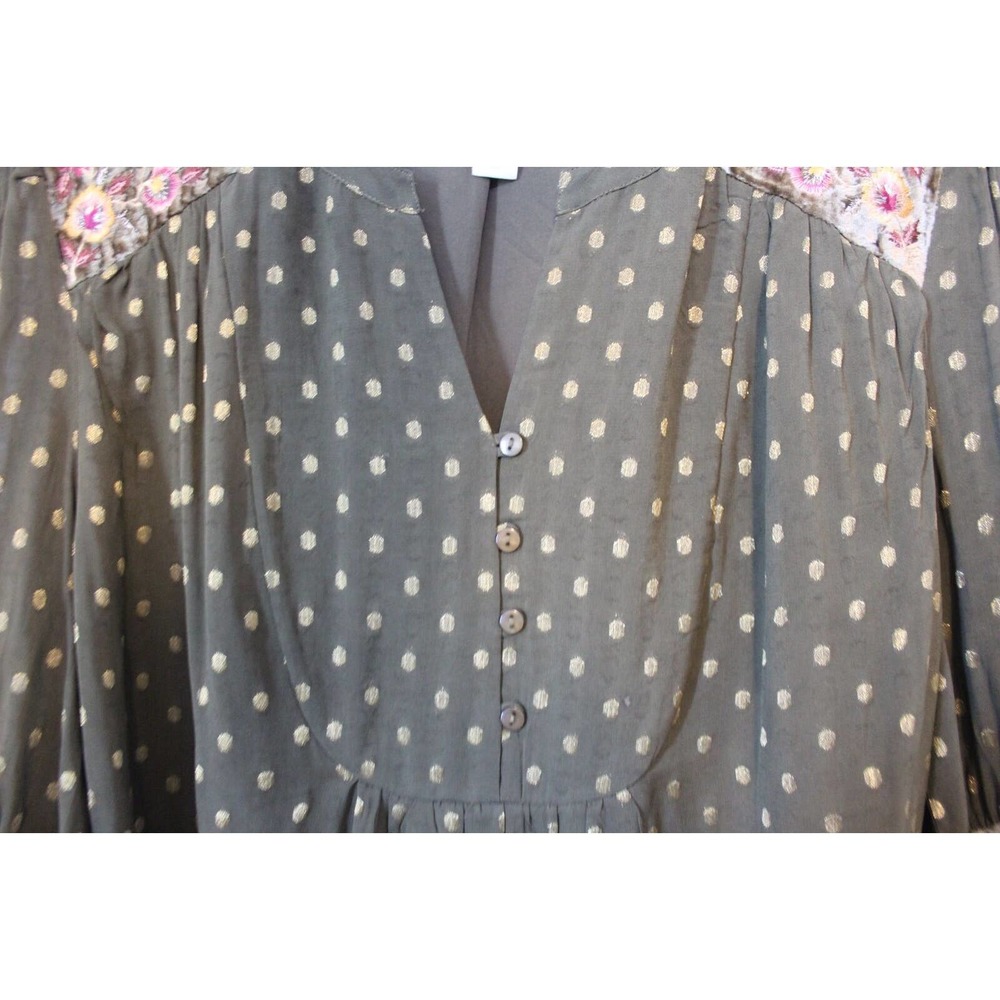 Chico's Dot Jacquard Peasant Top Green Gold Metallic Floral Size 2 12 H14724 - Picture 7 of 11